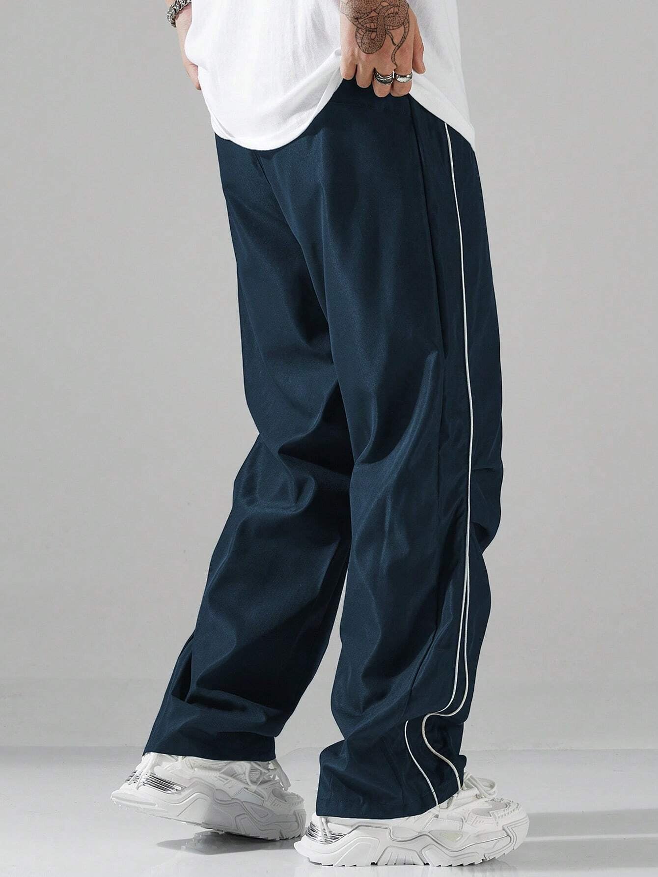 Men's Blue Jogger Pants with White Side Stripes – Casual Streetwear, Loose Fit