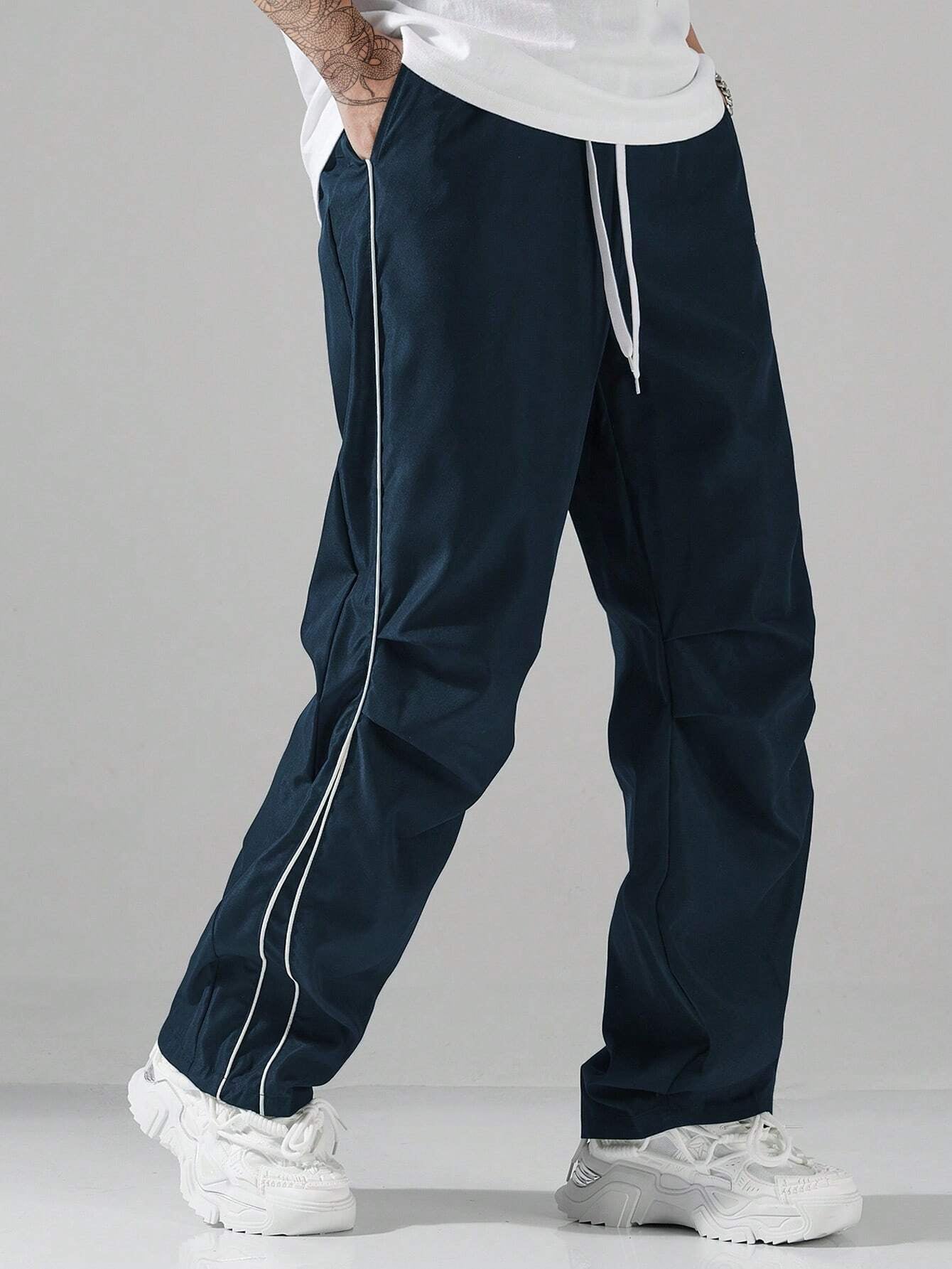 Men's Blue Jogger Pants with White Side Stripes – Casual Streetwear, Loose Fit