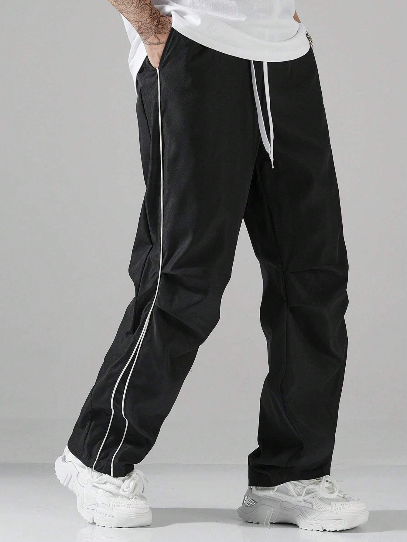 Men's Athletic Jogger Pants Casual Loose Fit Streetwear with Side Stripes-Black