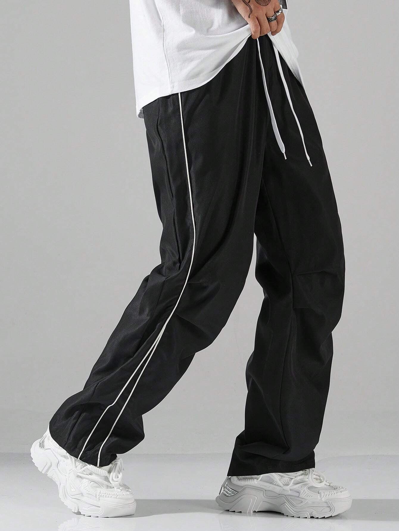 Men's Athletic Jogger Pants Casual Loose Fit Streetwear with Side Stripes-Black