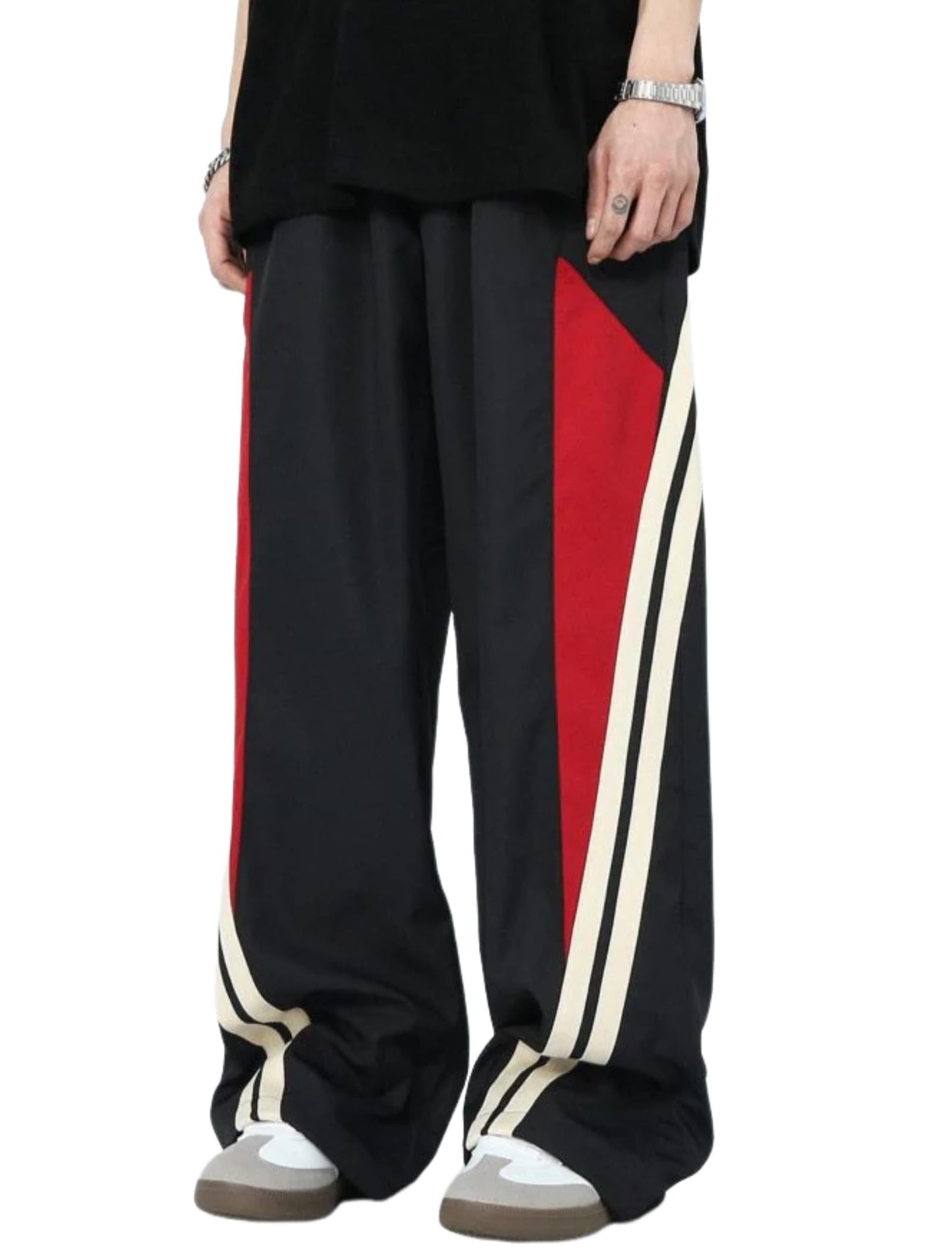 Men's Black Jogger Pants with Red & White Side Stripes – Casual, Loose Fit