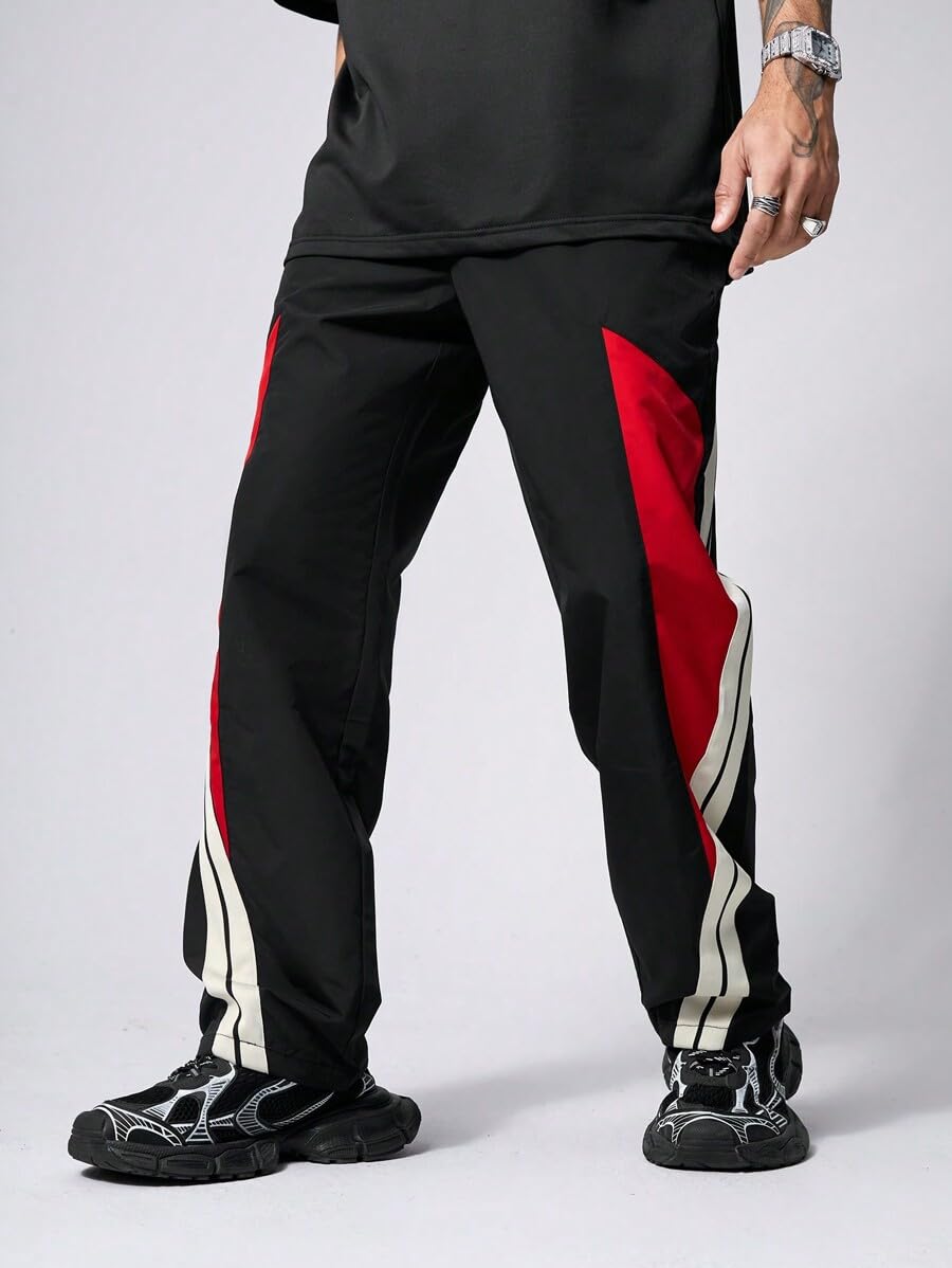 Men's Black Jogger Pants with Red & White Side Stripes – Casual, Loose Fit