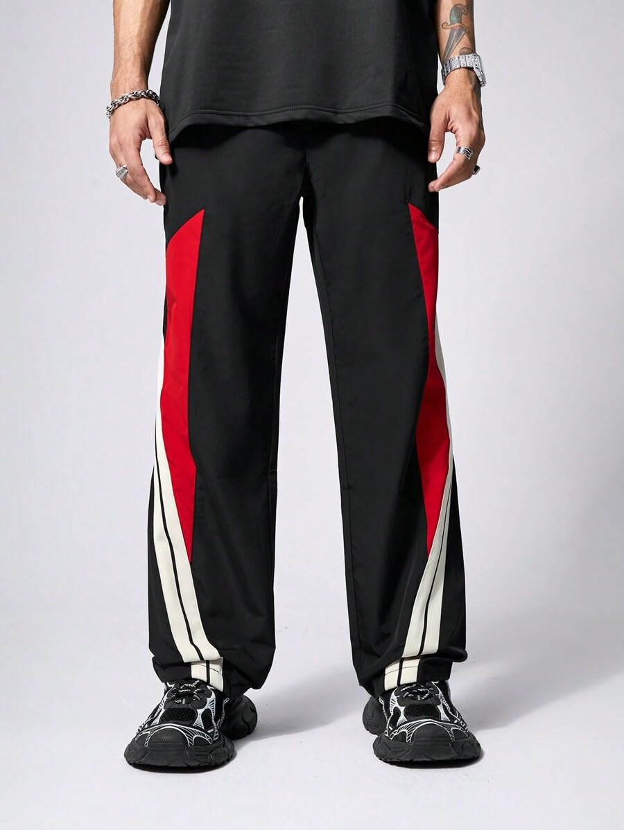 Men's Black Jogger Pants with Red & White Side Stripes – Casual, Loose Fit