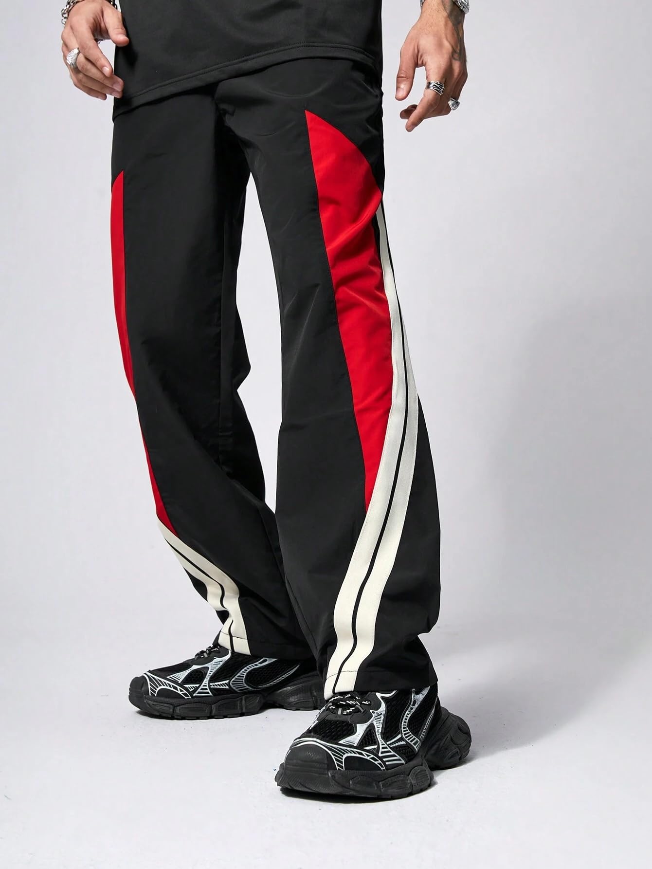 Men's Black Jogger Pants with Red & White Side Stripes – Casual, Loose Fit