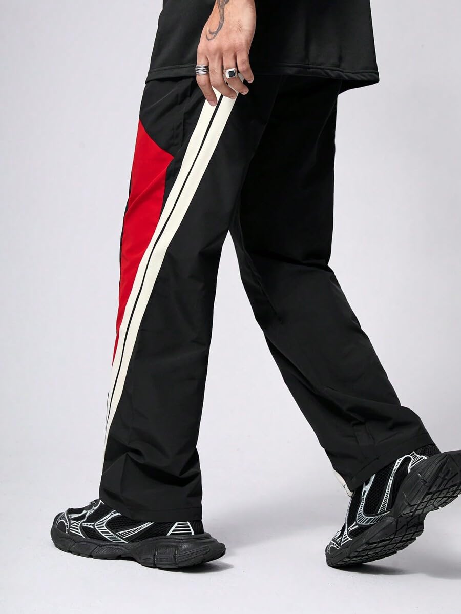 Men's Black Jogger Pants with Red & White Side Stripes – Casual, Loose Fit